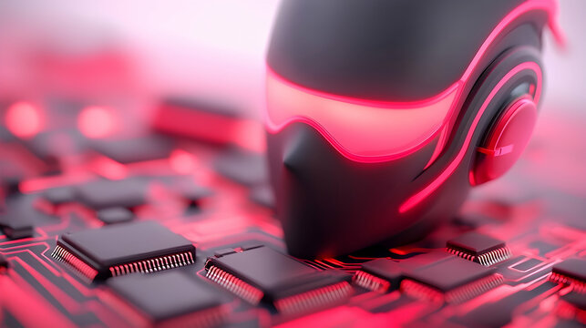 Futuristic Robot Head on Circuit Board with Red Glowing Lights