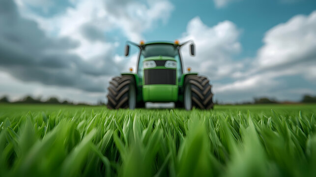 Green Tractor Working in Vibrant Green Field Under Cloudy Sky
