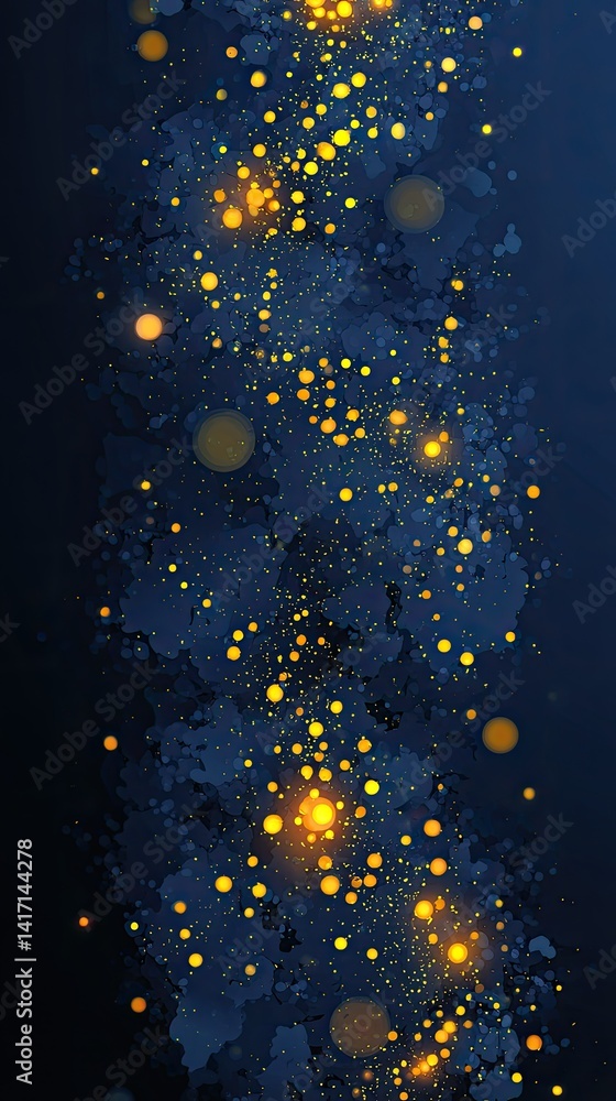 Poster golden glitter swirls with blue light create a mesmerizing abstract design on a dark background, sho