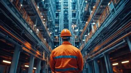 Fototapeta premium Engineer looks at the vast interior of a factory