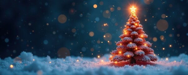 Fototapeta premium Shiny Christmas tree surrounded by snowflakes and glitter, frosty atmosphere, twinkling lights