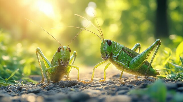 Two green grasshoppers exploring a sunlit path in a vibrant garden, showcasing intricate details and vivid colors.