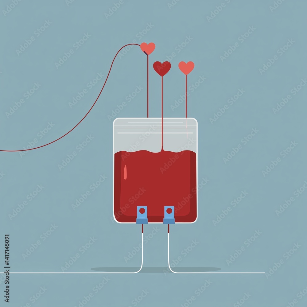 Poster simple flat color vector art of a bag being filled with red liquid, connected to the top left corner