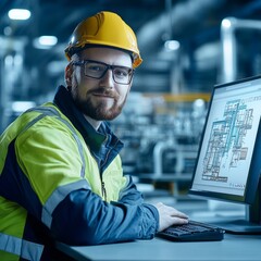 Engineer reviews design schematics on computer in industrial setting