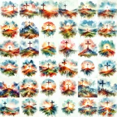 Watercolor paint Cross on a Hill – Christian Hope and Resurrection Concept. AI generated illustration