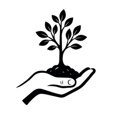 Hand holding small tree icon with soil and growth symbol