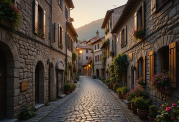 Fototapeta premium Charming european village at dawn with cobblestone streets, stone houses and soft golden light on rustic textures Generative AI