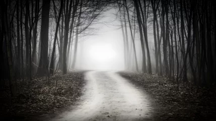 Foto auf Acrylglas Straße im Wald foggy forest with a hidden pathway fading into the mist between ancient trees   © Issara