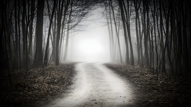 foggy forest with a hidden pathway fading into the mist between ancient trees 