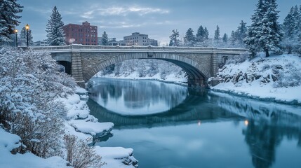 Snow-covered bridge over calm river reflecting cityscape.