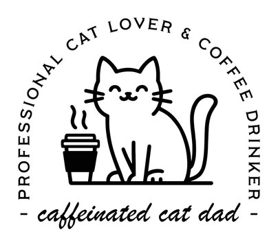Cat dad club funny caffeine quotes professional coffee and cats lover father men shirt design badge. Pet animal retro black aesthetic printable illustration fathers day card transparent background.
