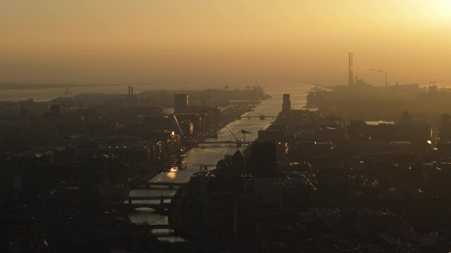Breathtaking 4K Cinematic Drone footage capturing the magical golden hour sunrise over Dublin, Ireland. As the first light spills across. Smithfield 46