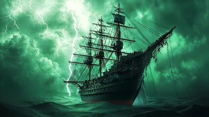 Ghost ship sailing through a stormy sea under eerie green lightning