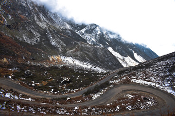 Beautiful panoramic view of hilly road way to zero point, North Sikkim. Beautiful tourist spot in...