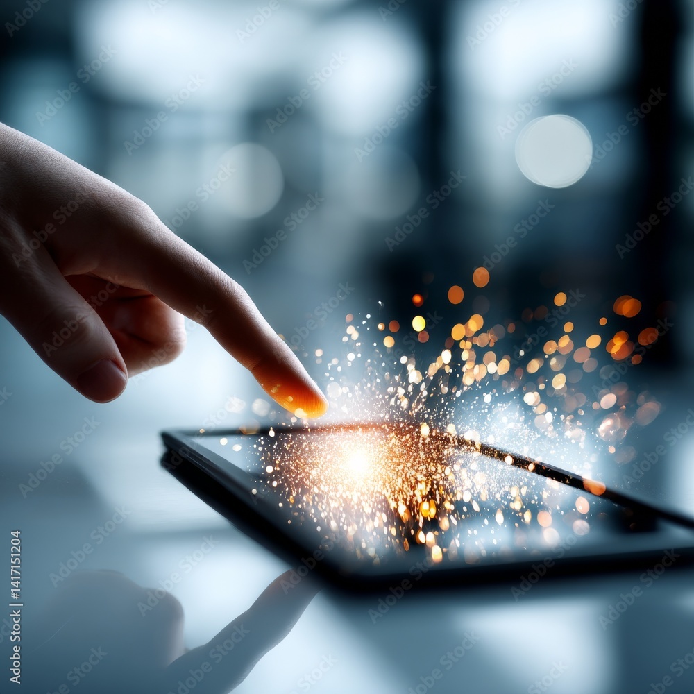 Leinwandbilder Touch of Brilliance: Hand Interacting with Tablet Displaying Sparkles and a Futuristic Interface