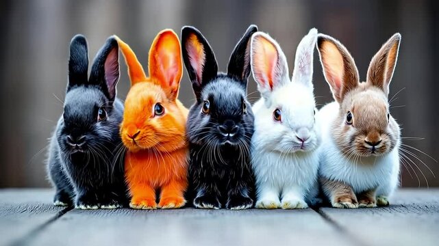 A group of rabbits sitting next to each other on a wooden table