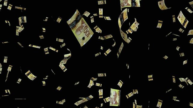 Animation loop of 100 Canadian dollars bills falling on black background. Represents wealth, finance, economy, success, lottery win. Isolated cash effect, easy keying, Canada