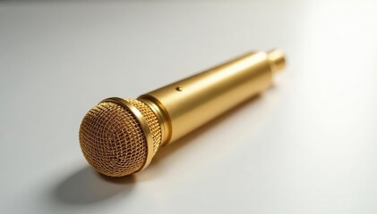 Close-up of a gold microphone on white background, music, beat