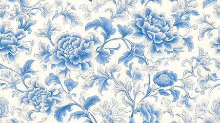 Fototapeta premium Luminous Chinoiserie: The Harmonious Symmetry of Layered Cerulean Peonies and Fluid Vines in Timeless Ivory and Cobalt Palette