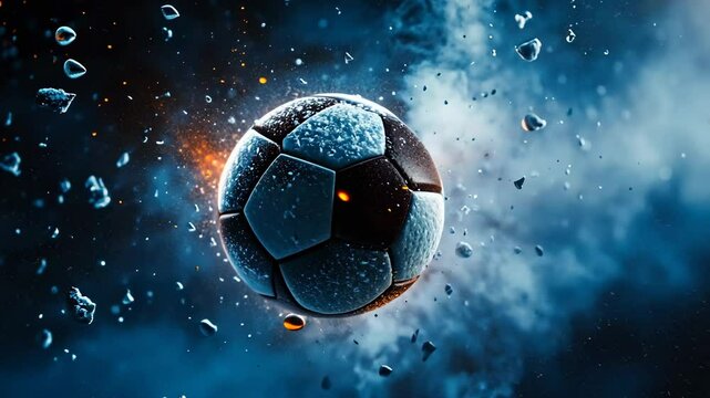Exploding soccer ball, dramatic background, cosmic effect, photo for sports theme