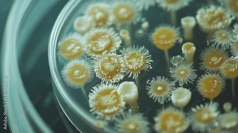 Poster close-up photo of petri dish containing colonies with complex, radiating patterns. use it to visuali