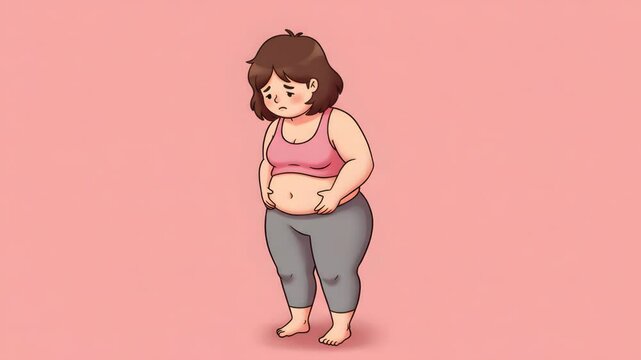 Cartoon girl feeling self-conscious about her body against pink background  