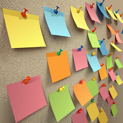colorful sticky notes on a cork board. 