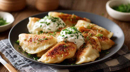 Delicious homemade pierogi recipe with sour cream and chives on a plate for food photography