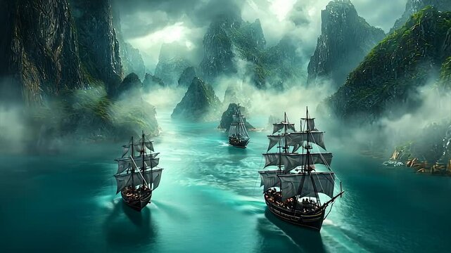 Three sailing ships navigate a mystical, fog-shrouded archipelago