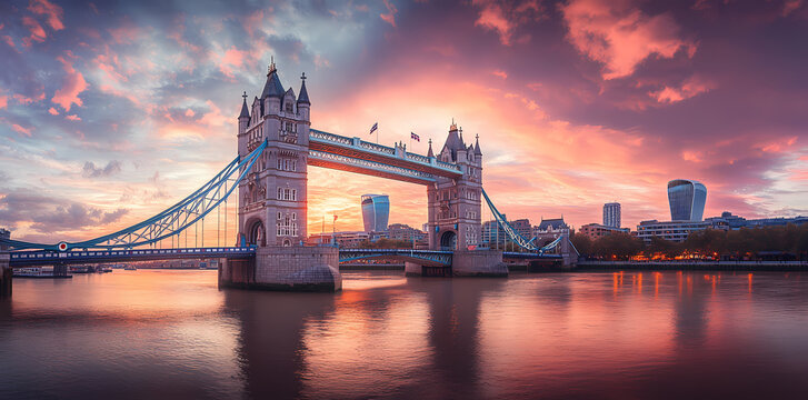 Tower Bridge at Dusk: A stunning capture of the iconic Tower Bridge in London during a vibrant sunset, its intricate architecture mirrored in the calm river Thames.