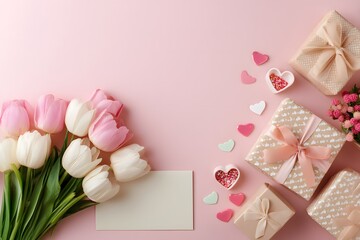 A delightful arrangement of delicate tulips and elegantly wrapped gifts, all set against a soft pink backdrop, symbolizing the celebration of love.