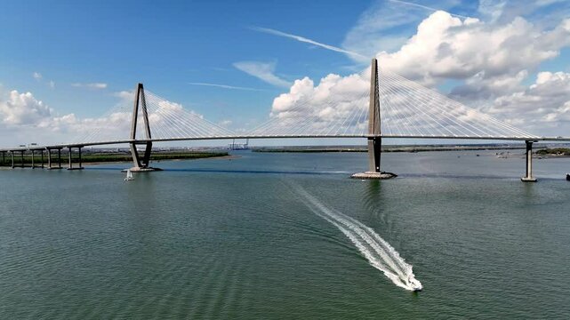 aerial pulllout arthur ravenel jr bridge pullout charleston sc, south carolina with port in background