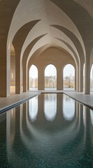 Interior architectural design of a modern spa with a tranquil pool.