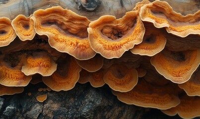 A close-up of mushrooms on a textured wood background.