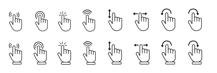 Cursor icon set with arrow, hand pointer, click effects, hourglass, magnifier, and touch screen symbols. Classic UI cursor pack for apps, web, and digital interface. Vector illustration.