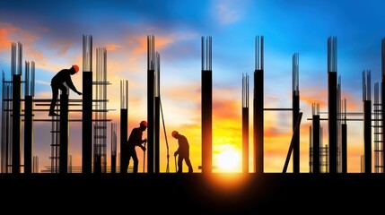 Civil engineers inspecting foundation pillars at construction site during sunset outdoor setting professional environment