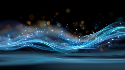Abstract blue wave effect with blurred golden light spots on a dark background