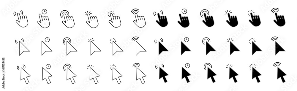 Poster cursor icon vector set with arrow clicks, hand pointers, tap motions, and loading visuals. great for