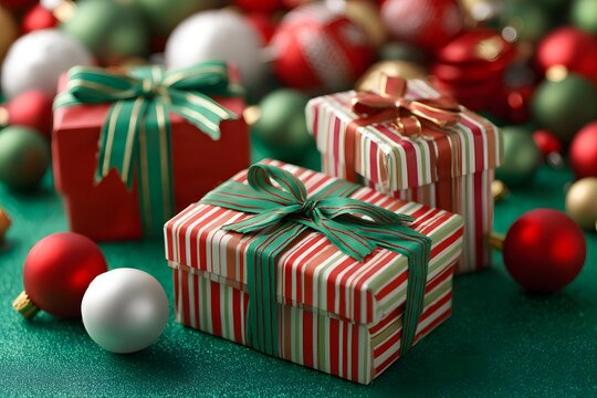 A festive collection of colorful Christmas gifts with red and green ribbon bow, nestled amidst an array of glittering Christmas ornaments.  