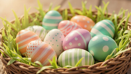 Naklejka premium Colorful Easter eggs in a basket with grass