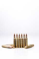 Close-up of 7.62 caliber ammunition for an assault rifle. The concept of selling weapons, help with...