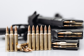Close-up of 7.62 caliber ammunition for an assault rifle. The concept of selling weapons, help with...