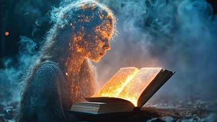 Glowing woman reading an illuminated book in a mystical forest