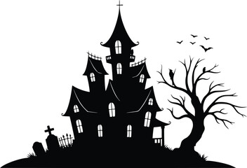 Obraz premium Black and white silhouette of a haunted house with bats, graveyard, and twisted tree, evoking eerie Halloween atmosphere in minimalist vector art