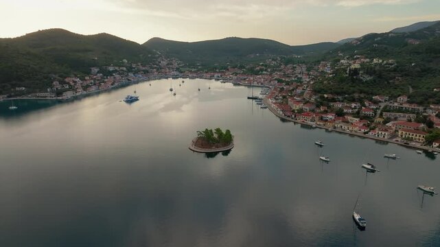 Drone of Vathy village harbor and buildings on Ithaca island, Greece