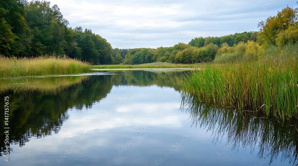 Poster Tranquil landscape view of serene river surrounded by lush green trees and golden reeds under cloudy sky : Generative AI