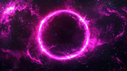 Obraz premium Pink glowing ring, surrounded by nebulae, against a star-filled cosmic backdrop