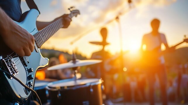 Close up of a guitarist performing on stage during a sunset outdoor concert : Generative AI