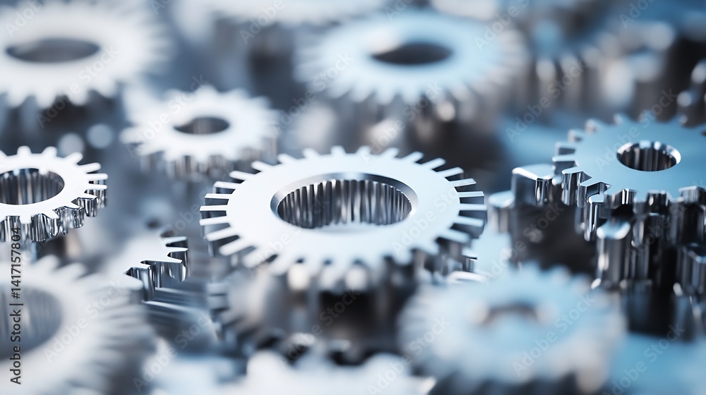Poster close up of interlocking steel gears illustration with intricate details : generative ai