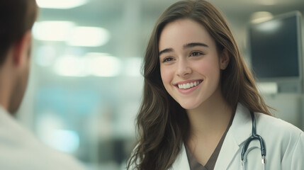Fototapeta premium Portrait of a compassionate young female physician smiling while talking to a patient